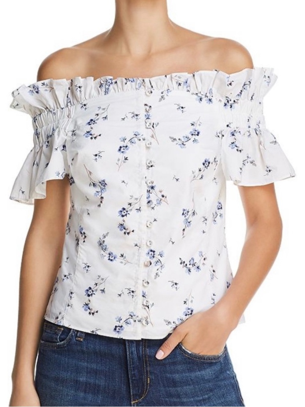 Rebecca Taylor Francine Off-Shoulder Blue Floral Button Top Size 4